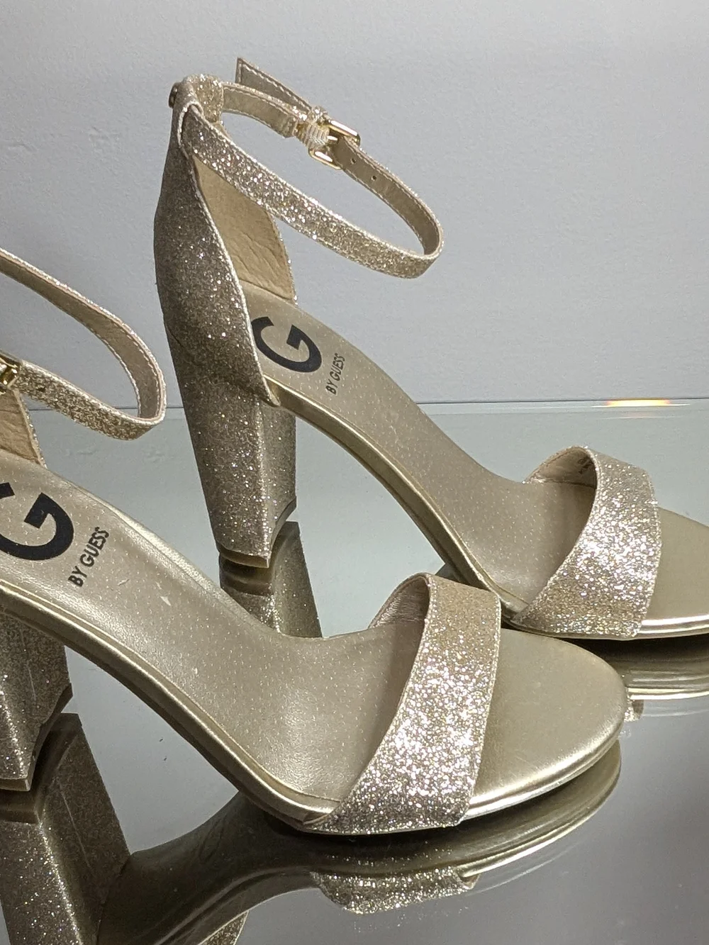 G by GUESS Gold Glitter Ankle-Strap Sandals for Women